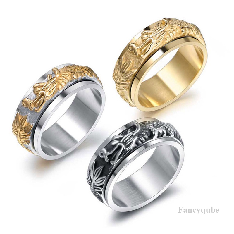 Cincin Jari Pria Naga Cina Tidak Luntur Berlapis Emas Titanium Steel Rotatable Rings Untuk Pria Aksesoris Perhiasan Pesta