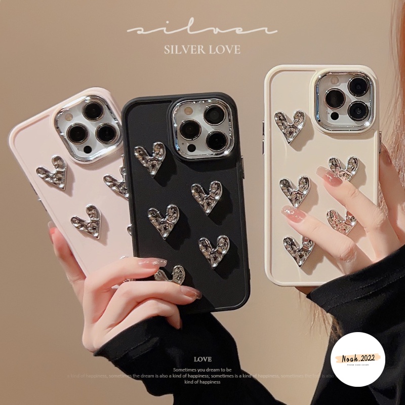 IPHONE Casing Persegi Plating Cinta Hati 3D Kompatibel Untuk Iphone11Xr 7Plus 8Plus 14 12 13 11 Pro MAX X XS MAX Mewah Mode Canggih Simple Solid Macaron Warna Permen Lembut Ponsel Cover