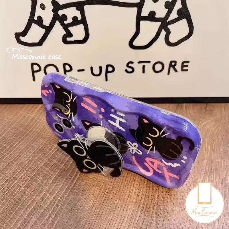 IPHONE Case Kucing Lucu Kartun Lucu Kompatibel Untuk Iphone7-8 6s 6plus XR X XS Max11 13 14 12 Pro Max 7Plus SE 2020 3D Wavy Curved Edge Soft Floral Cover Dengan Braket Kucing Phone Holder