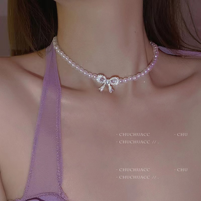 Ifyou Kalung Klavikula Busur Kristal Mewah Choker Rantai Manik Mutiara Untuk Aksesoris Perhiasan Wanita