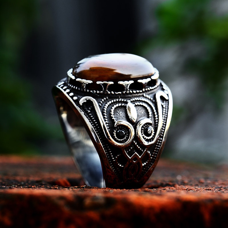 Kasual Retro Totem Asli Tiger Eye Batu Perak Baja Titanium Hip Hop Pria Punk Fashion Perhiasan Band Rings