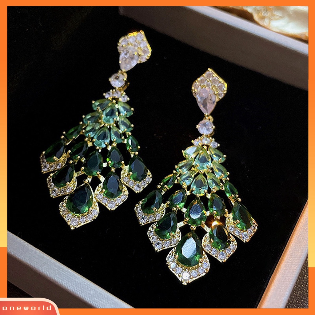 [ONE] 1pasang Drop Earrings Faux Green Kristal Bulu Bentuk Elegan Vintage Hadiah Cantik Nonallergic Berlian Imitasi Bertatahkan Menjuntai Anting-Anting Perhiasan Fashion