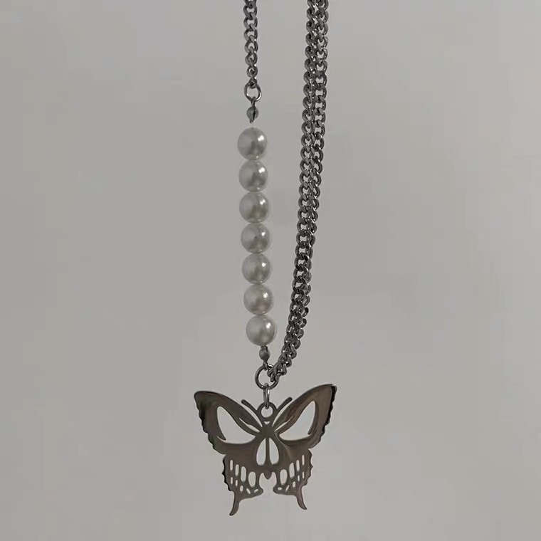 Ins Butterfly Pearl Necklace Eropa Amerika Retro Gaya Yang Sama 90s Gadis Keren Butterfly Rantai Klavikula