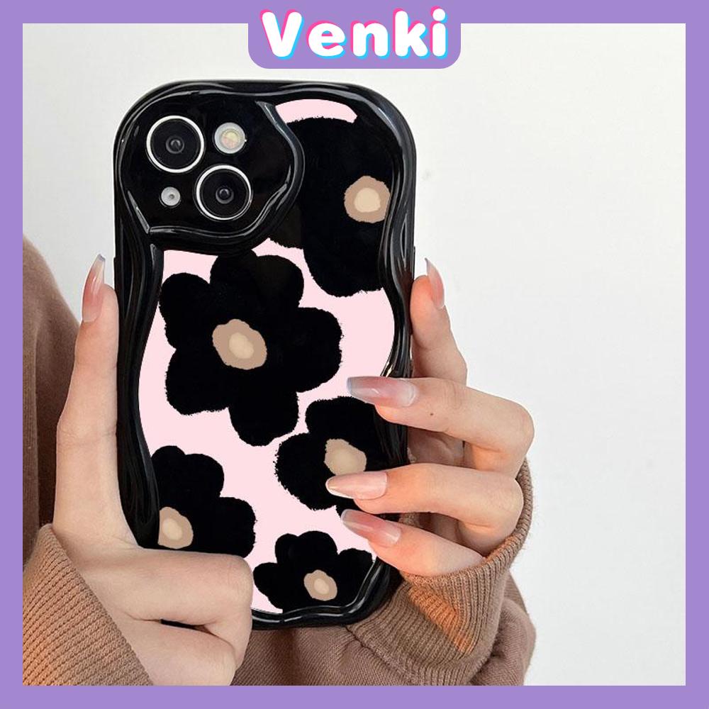 VENKI - Untuk iPhone 11 Case Curved Edge Wave Case Glossy Black TPU Airbag Tahan Guncangan Kamera Case Bunga Lucu Kompatibel dengan iPhone 14 13 Pro max 12 Pro Max xr xs 7Plus 8PLus