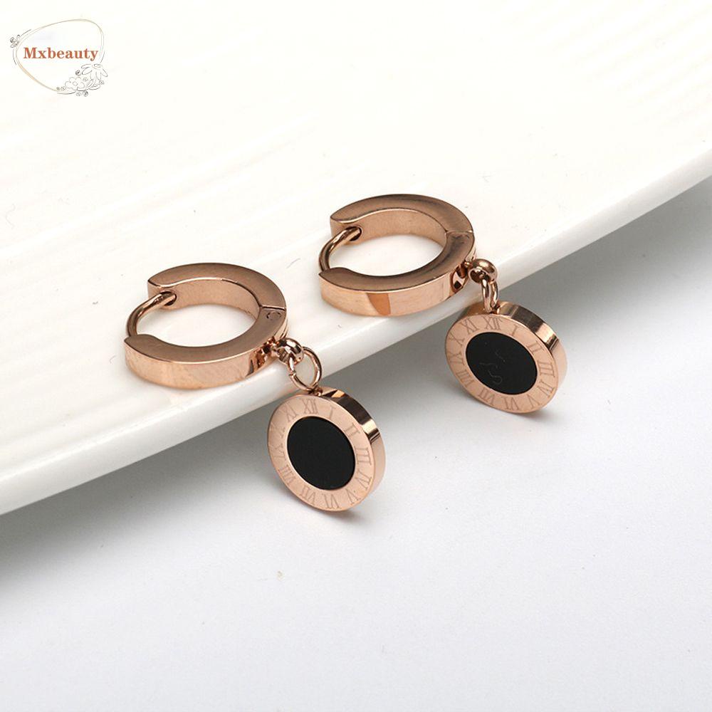 Mxbeauty Anting Wanita Elegan Fashion Perhiasan Lingkaran Romawi Digital Zirkon Baja Titanium Menjuntai Earrings