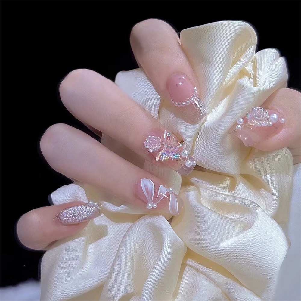 24 Pcs Peri Camelia Mutiara Kuku Palsu Wanita Gadis Dilepas Buatan Nail Patch Aksesoris