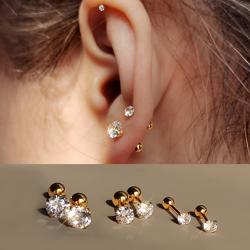 Sekrup Pengencang Gesper Zirkon Stud Earrings S925 Spiral Telinga Tulang Stud Anting Sederhana