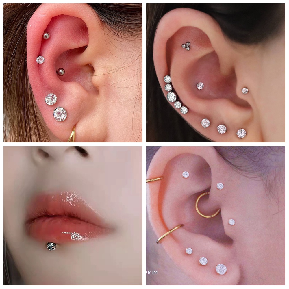 10-12pcs 18G /16G Warna Kristal Labret Piercing Stainless Steel Lip Stud Set Tulang Rawan Stud Earrings Helix Keong Piercing