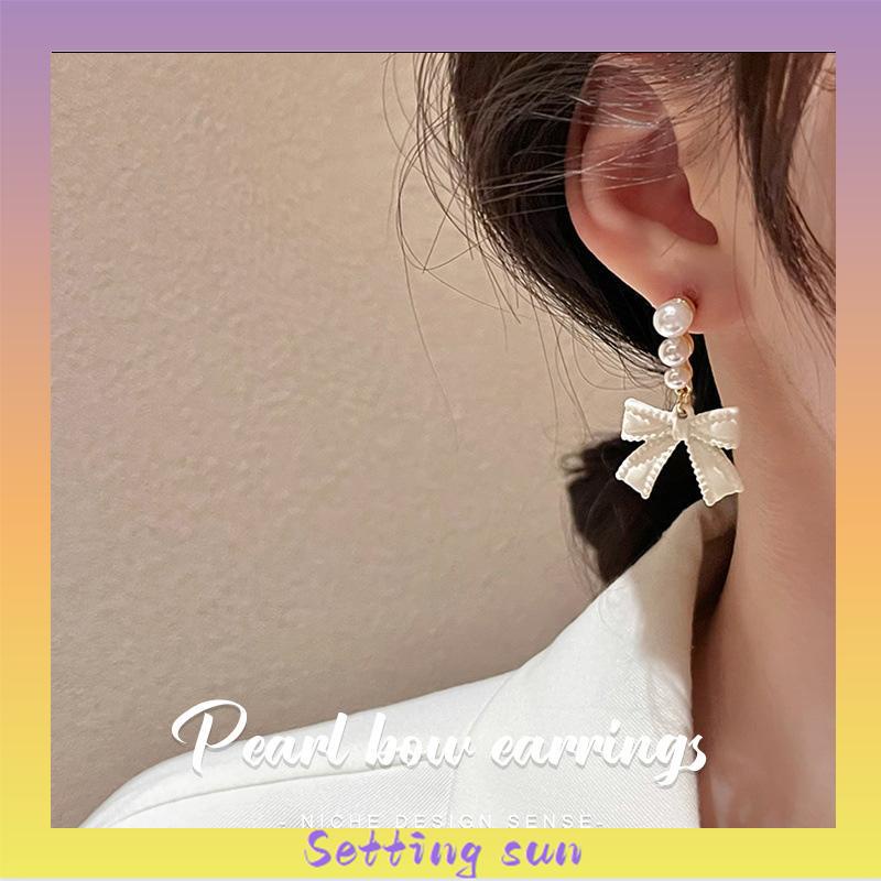 Anting S925 Simpul Busur Mutiara Perak Off-white Desain Anting Rasa untuk Wanita  TN