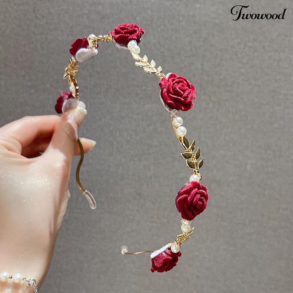 Twowood Rose Headband Glossy Faux Pearl Pengerjaan Halus Daun Dekorasi Vintage Hias Lolita Anti-slip Rose Wedding Hair Hoop Wanita Aksesori Rambut