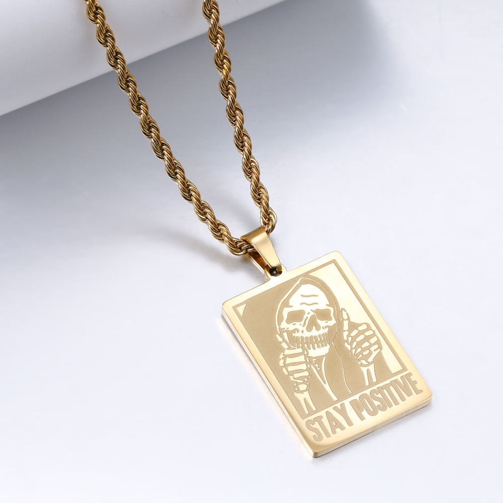 [X C Kalung] Baru Emas &amp; Perak Hip-hop Punk Retro Persegi Army Kartu Tengkorak Baja Titanium Liontin Stainless Steel Kalung Untuk Pria Dan Wanita Hadiah Liburan Perhiasan