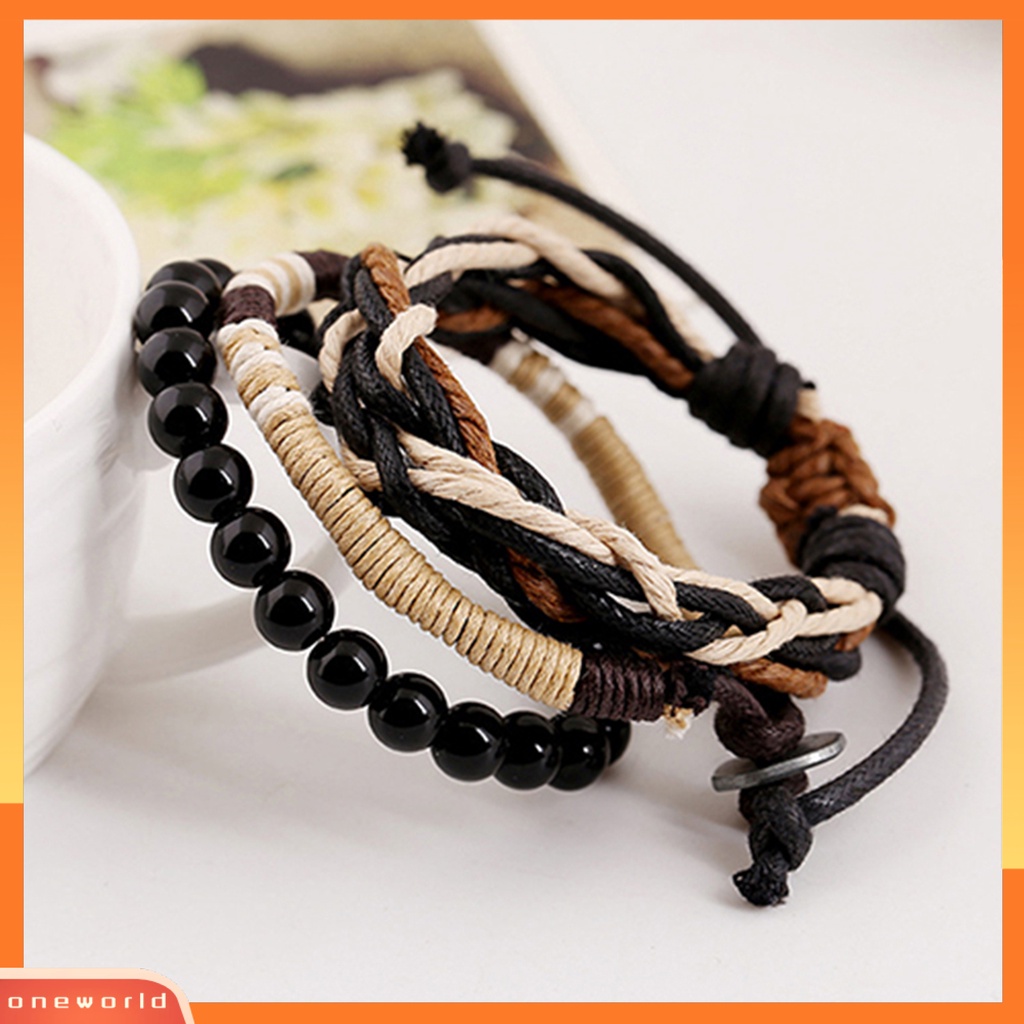 [WOD] 3pcs Gelang Multilayer Fashion Aksesoris Manik-Manik Kayu Kulit Imitasi Bangle Lilin Tali Cuff Bracelets Untuk Pria