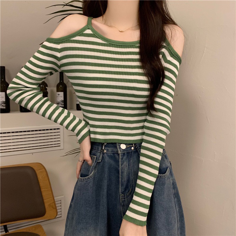 Kekinian Atasan Wanita Off-Shoulder Lengan Panjang Korean Rajut Top