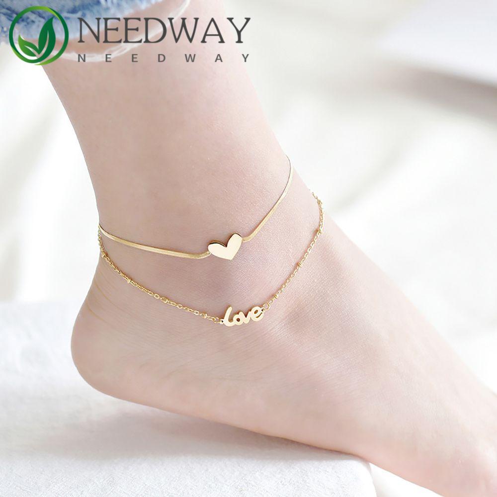 Needway   Cinta Gelang Kaki Emas Klasik Double-Layer Berbentuk Hati Pantai Aksesoris Kaki Perempuan