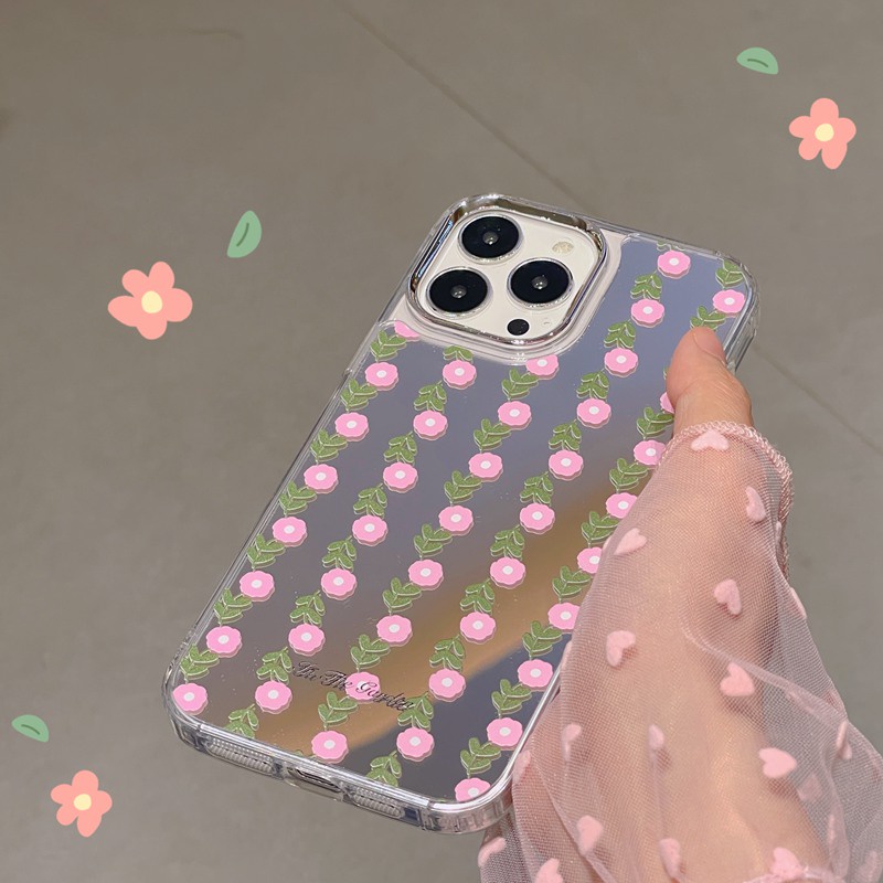 Fashion Silver Little Daisy Pink Flowers Mirror Soft TPU Case iP iPhone 11 12 13 14 Pro Max New Woman Girl FTD Casing Apple