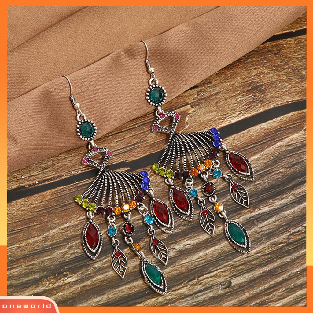 [WOD] 1pasang Anting Menjuntai Bohemian Retro Gaya Etnik Rumbai Panjang All-match Dekorasi Kristal Imitasi Wanita Berongga Berbentuk Kipas Drop Earrings Perhiasan Hadiah Untuk Pacaran