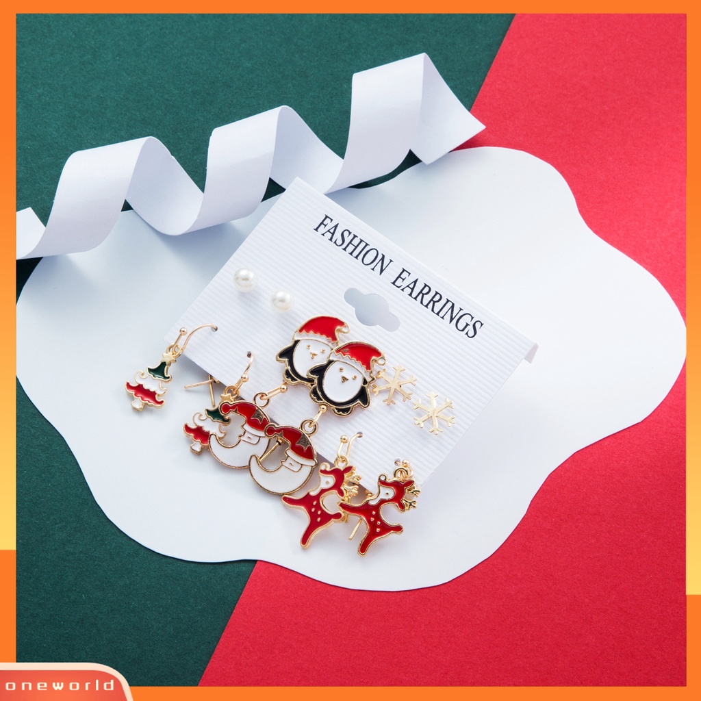 [WOD] 6pasang/set Anting Natal Meriah Enamel Geometris Mengkilap Electroplating Dekorasi Perhiasan Hadiah Pohon Xmas Elk Snowman Santa Claus Ear Studs Menjuntai Earrings