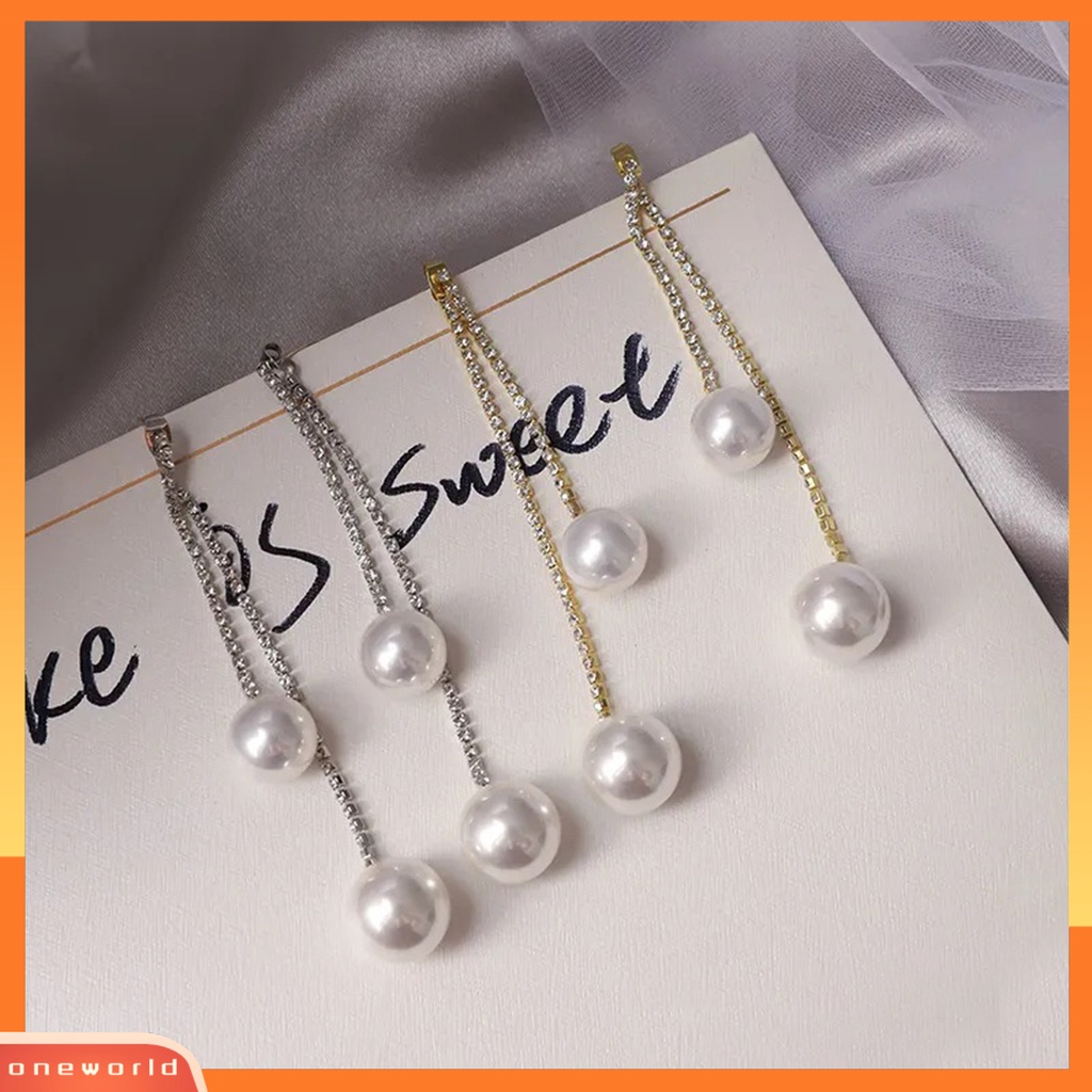 [WOD] 1pasang Anting Menjuntai Berlian Imitasi Mengkilap Hias Berkilau Geometris Anti Luntur Hias Hadiah Hari Valentine Wanita Mutiara Imitasi Panjang Rumbai Stud Earrings Fashion Perhiasan