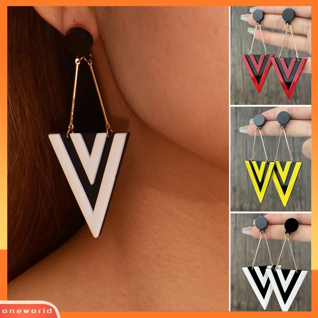 [WOD] 1pasang Anting Drop Berlebihan Geometris Panjang Electroplating Warna Kontras Hias Hadiah Wanita Segitiga Liontin Stud Earrings Perhiasan Pesta Untuk Pakaian Sehari-Hari