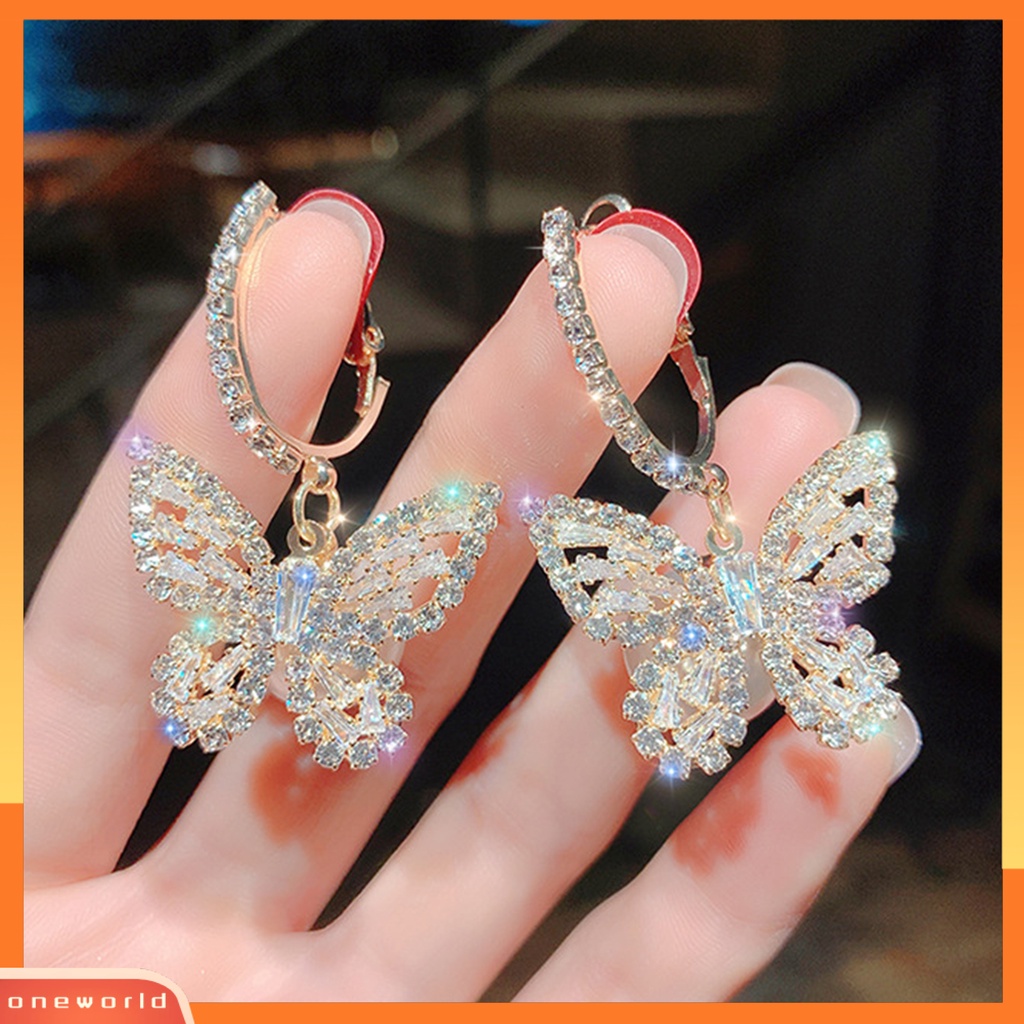 [WOD] 1pasang Anting Wanita Berlian Imitasi Mengkilap Bentuk Kupu-Kupu Anting Menjuntai Indah Untuk Hadiah