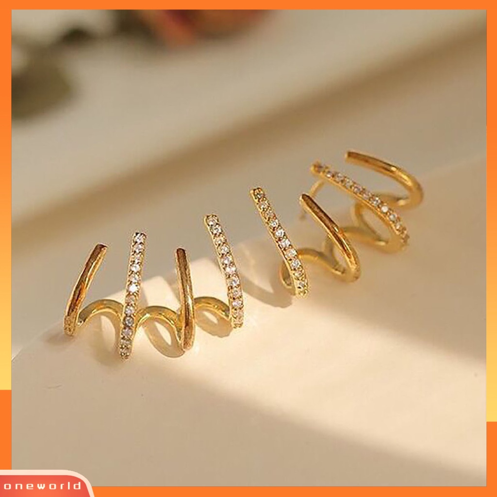 [WOD] 1pasang Berlian Imitasi Bersinar Ear Studs Pengerjaan Halus Kreatif Berbentuk U Empat Baris Wanita Anting Perhiasan Aksesoris