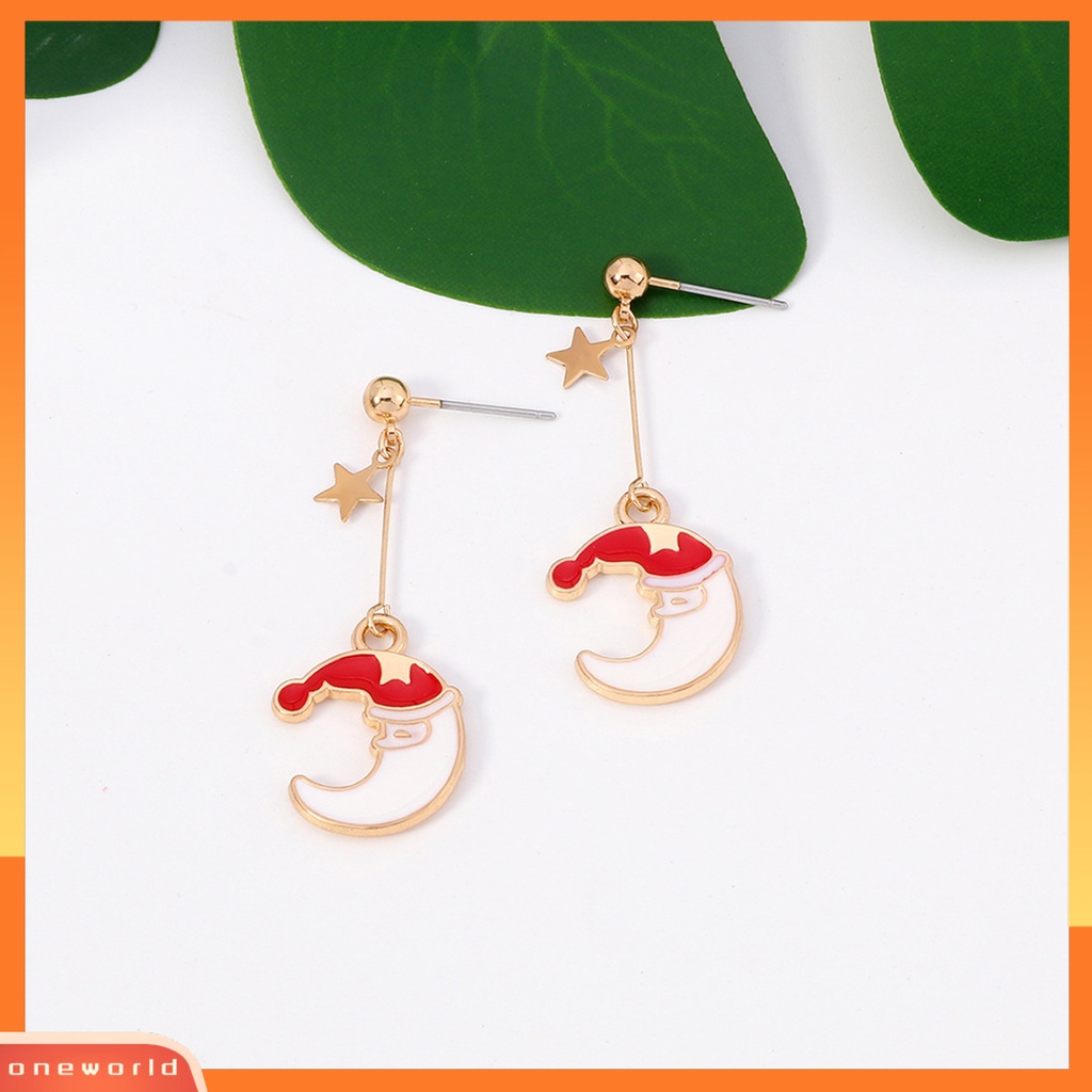 [WOD] Wanita Fashion Bentuk Bulan Topi Natal Anti-Alergi Ear Stud Menjuntai Anting