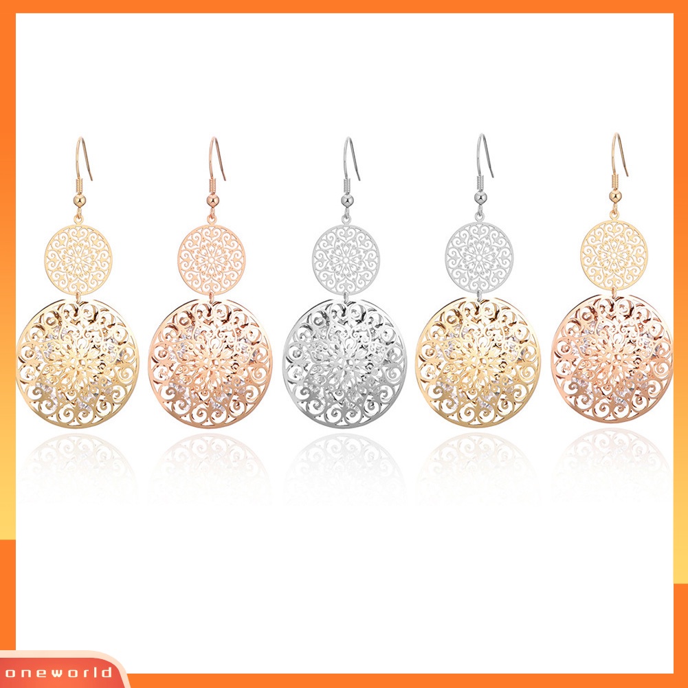 [WOD] Fashion Wanita Dua Lapisan Diukir Kerawang Drop Menjuntai Liontin Anting Perhiasan