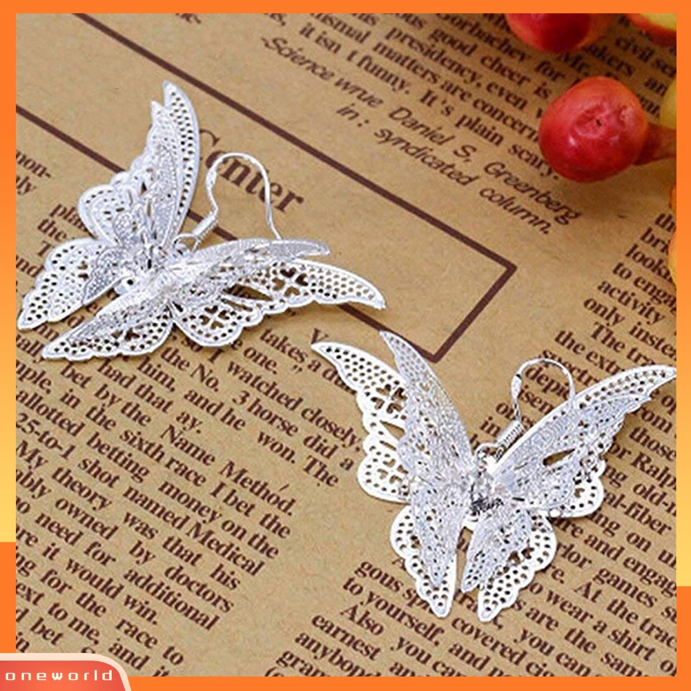 [WOD] Vintage Wanita Cubic Zirconia Hias Berongga Kupu-Kupu Drop Menjuntai Kait Anting