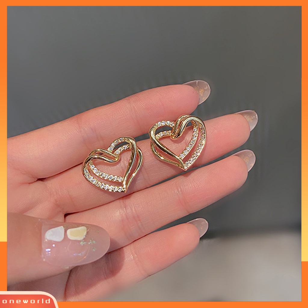 [WOD] 1pasang Lady Stud Earrings Mewah Berlian Imitasi Mengkilap Bentuk Hati Double-layer Bridal Earrings Perhiasan Perempuan