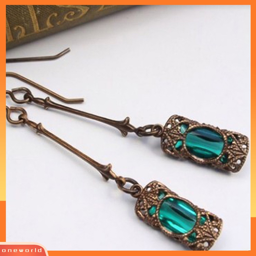 [WOD] Retro Wanita Cubic Zirconia Bertatahkan Berongga Persegi Panjang Panjang Bar Menjuntai Kait Anting