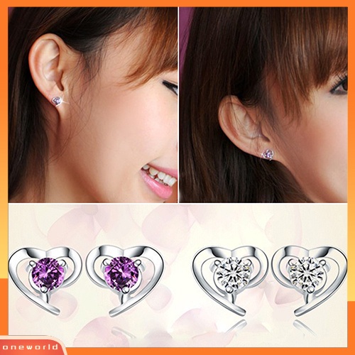 [WOD] Fashion Wanita Cinta Hati Cubic Zirconia 925 Sterling Perak Ear Studs Earrings