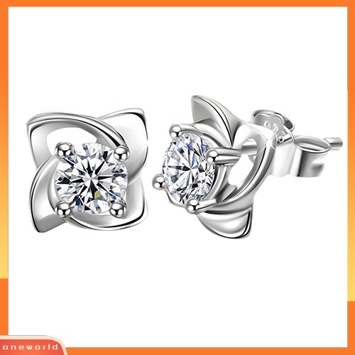 [WOD] Wanita Pernikahan Bunga Cubic Zirconia Perak Disepuh Ear Stud Earrings