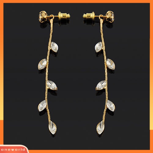 [WOD] Fashion Wanita Elegan Berlian Imitasi Daun Cabang Willow Ranting Linear Anting Panjang