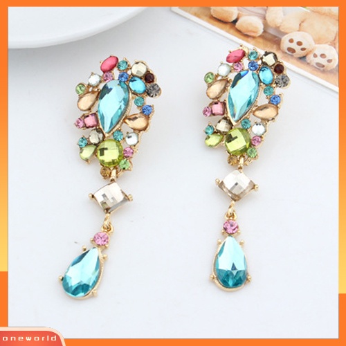 [WOD] Wanita Fashion Mewah Multicolor Berlian Imitasi Menjuntai Anting Drop Ear Studs Hadiah