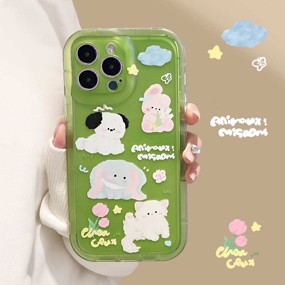 IPHONE Lucu Kartun Hewan Pesta Rumput Transparan Hijau Anti Hilang Casing Ponsel Cover Untuk Iphone11 12 13 14 PLUS PRO MAX