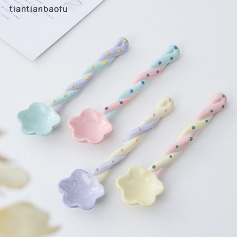 [tiantianbaofu] 1pc Sendok Gagang Panjang Keramik Lucu Es Krim Hand Painted Dessert Spoon Butik