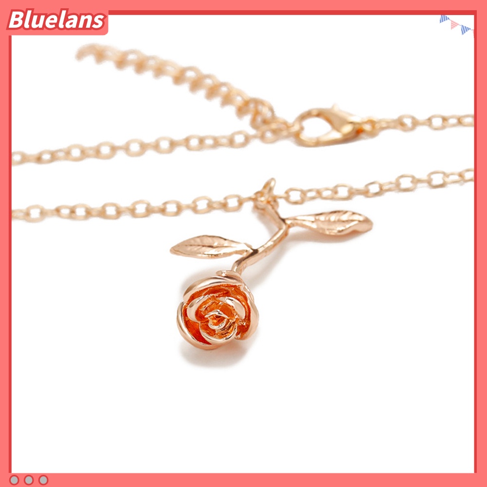 [BLS] Wanita Fashion Mawar Daun Liontin Alloy Rantai Panjang Kalung Pesta Perhiasan Hadiah