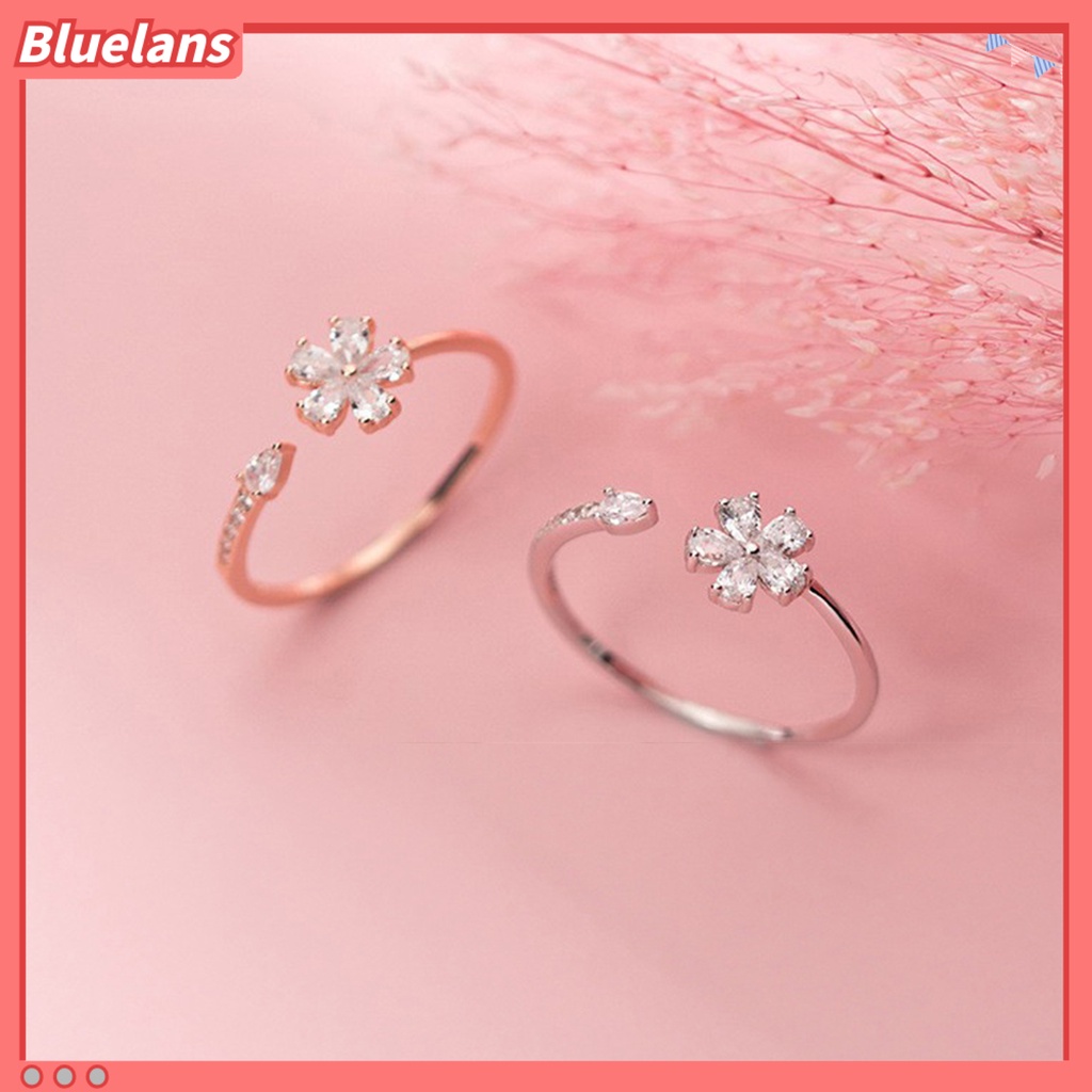 [BLS] Wanita Cincin Pembukaan Manis Mewah Emas Warna Perak Berlian Imitasi Tertanam Lima Kelopak Bunga Jari Cincin Perhiasan Fashion