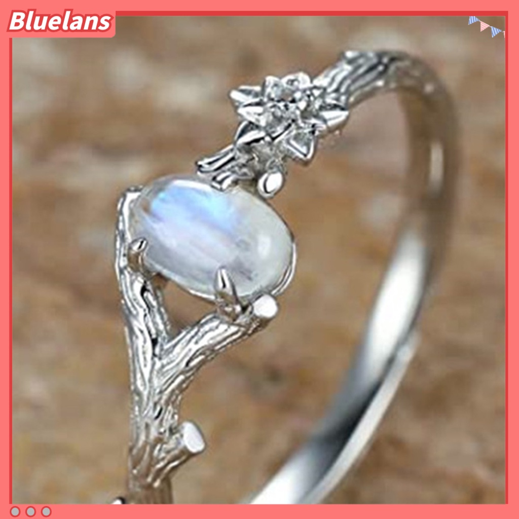 [BLS] Wanita Cincin Batu Alam Warna Perak Terukir Pohon Cabang Bunga Vintage Faux Moonstone Bertatahkan Jari Cincin Fashion Perhiasan