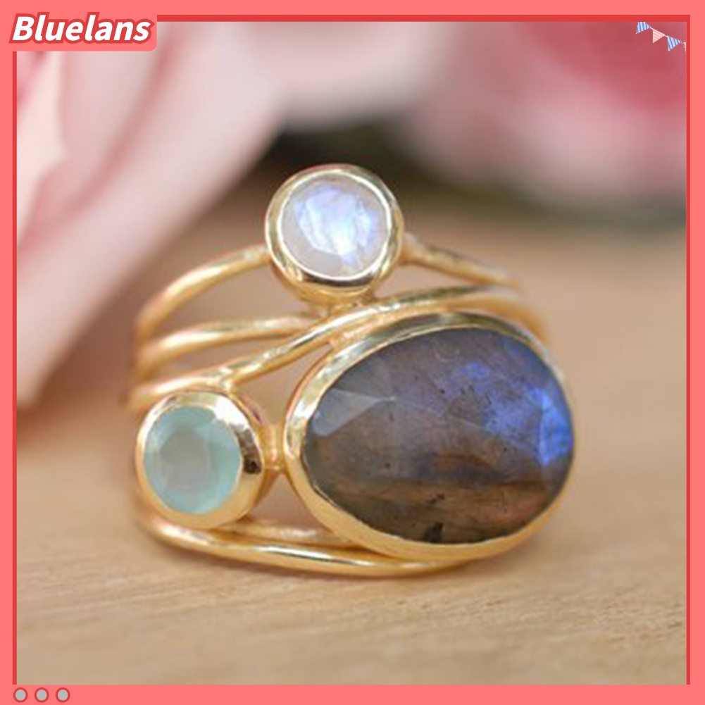 [BLS] Vintage Irregular Multilayer Buatan Moonstone Wanita Jari Cincin Perhiasan Hadiah