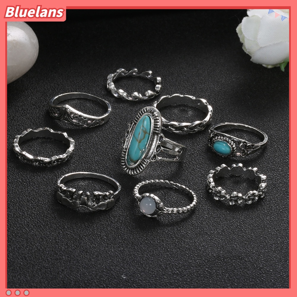 [BLS] 9pcs /Set Wanita Retro Bohemian Imitasi Turquoise Hias Jari Cincin Perhiasan Hadiah
