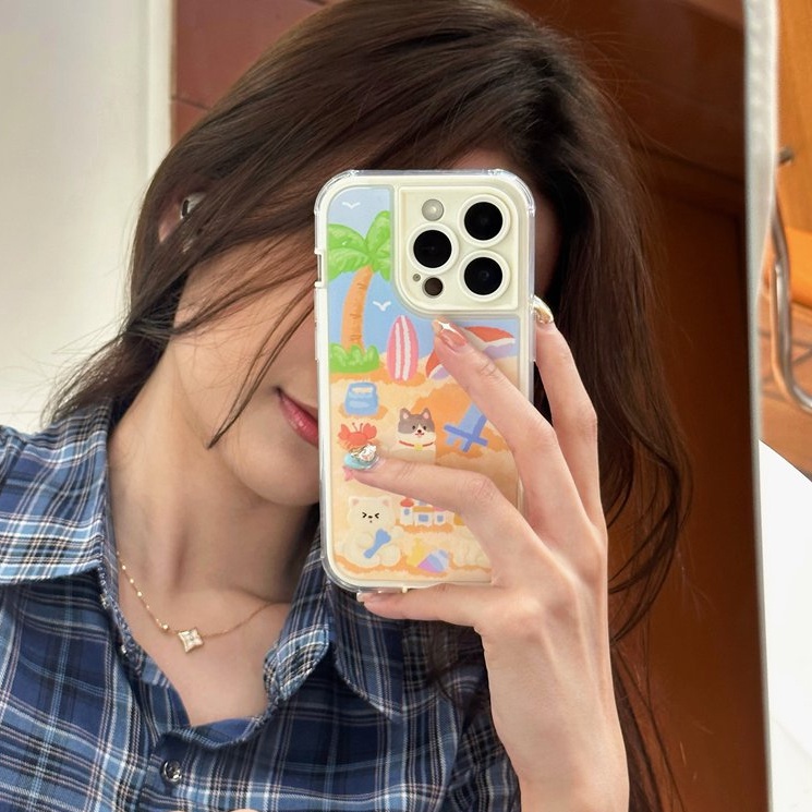 Beach Oil Painting Puppy Soft TPU Case iP iPhone 14 + Plus 11 12 13 Pro Max 2in1 FTD Girl Woman Casing Apple