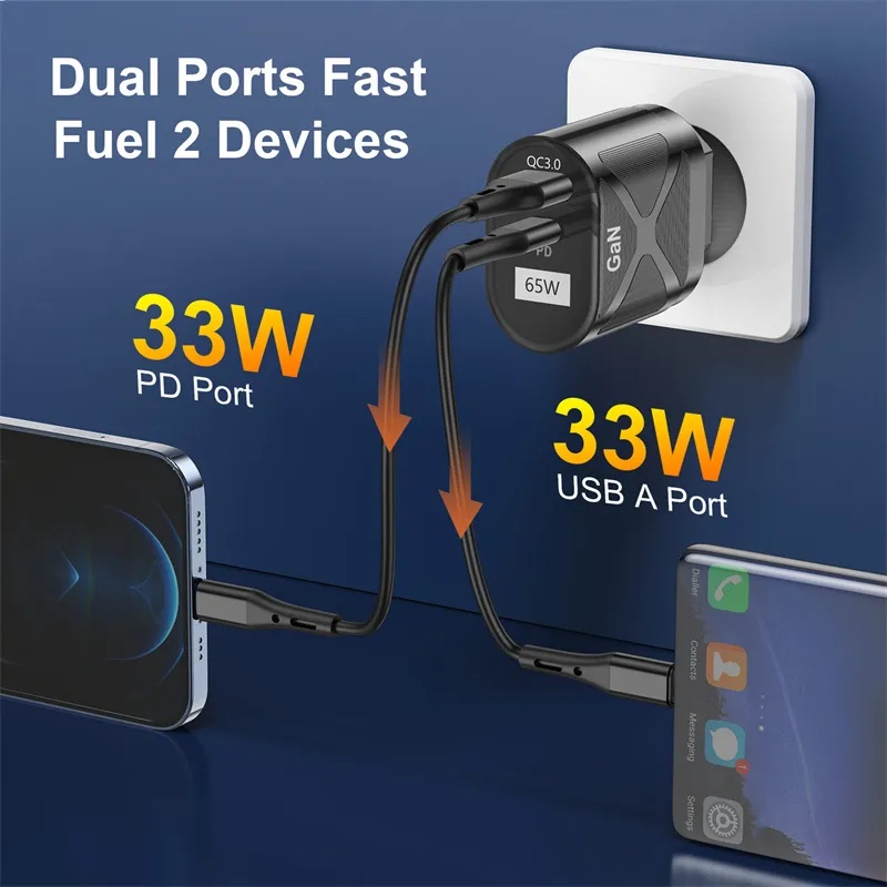 Kepala Pengisian Telepon Pengisian Cepat 65W GaN Quick Charger PD Fast Charge Adapter US &amp; EU Plug Wall Power Adapter QC 3.0 Fast Charging Charger Dinding Untuk Macbook Tablet Laptop