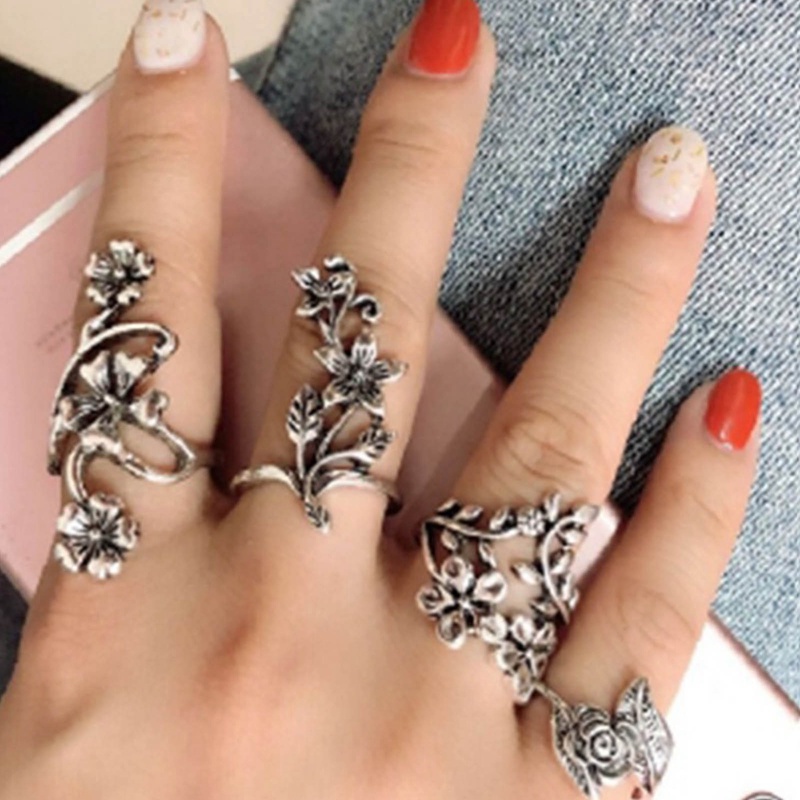 4pcs /Set Antik Perak Bohemia Hollow Bunga Pembukaan Cincin Set Untuk Wanita Floral Knuckle Ring Perhiasan Aksesoris