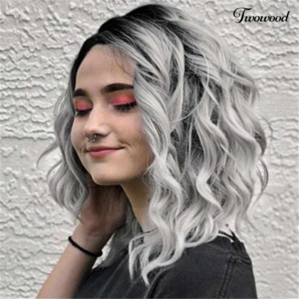 Twowood Gradient Grey Side Parting Curly Wig Wanita Panjang Bahu Cosplay Sopak