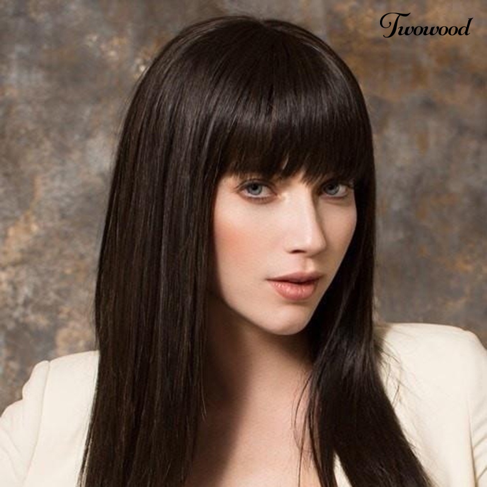 Twowood Serat Suhu Tinggi Wanita Panjang Lurus Hitam Coklat Bang Wig Rambut Sintetis