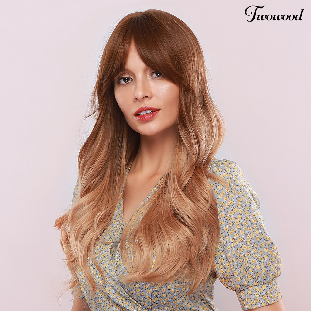 Twowood Fashion Coklat Wanita Serat Sintetis Poni Panjang Keriting Wig Cosplay Pesta Sopak