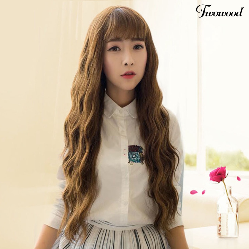 Twowood Wanita Wig Non-dropable Fluffy Bernapas Rambut Styling Alami Keriting Gelombang Besar Jagung Perm Matte Wig Dengan Poni Udara Digunakan Wanita