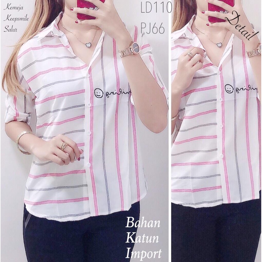 atasan wanita/baju kemeja wanita/Kemeja Wanita salur keepsmile pink Import kualitas import 110gram
