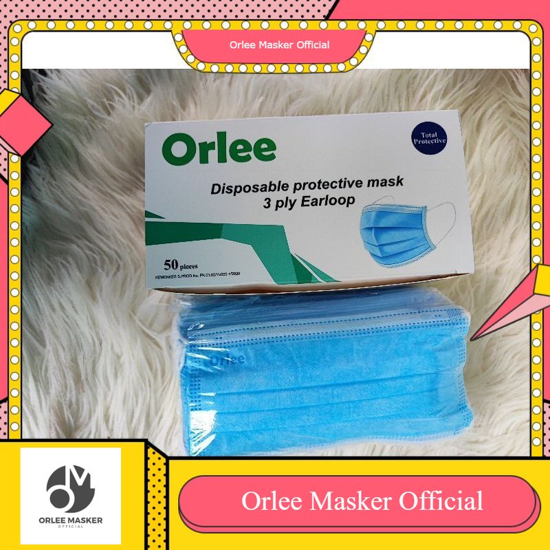 MASKER ORLEE DISPOSABLE BIRU 3ply EARLOOP  50pcs (Telinga), KEMENKES, 1box isi 50pcs